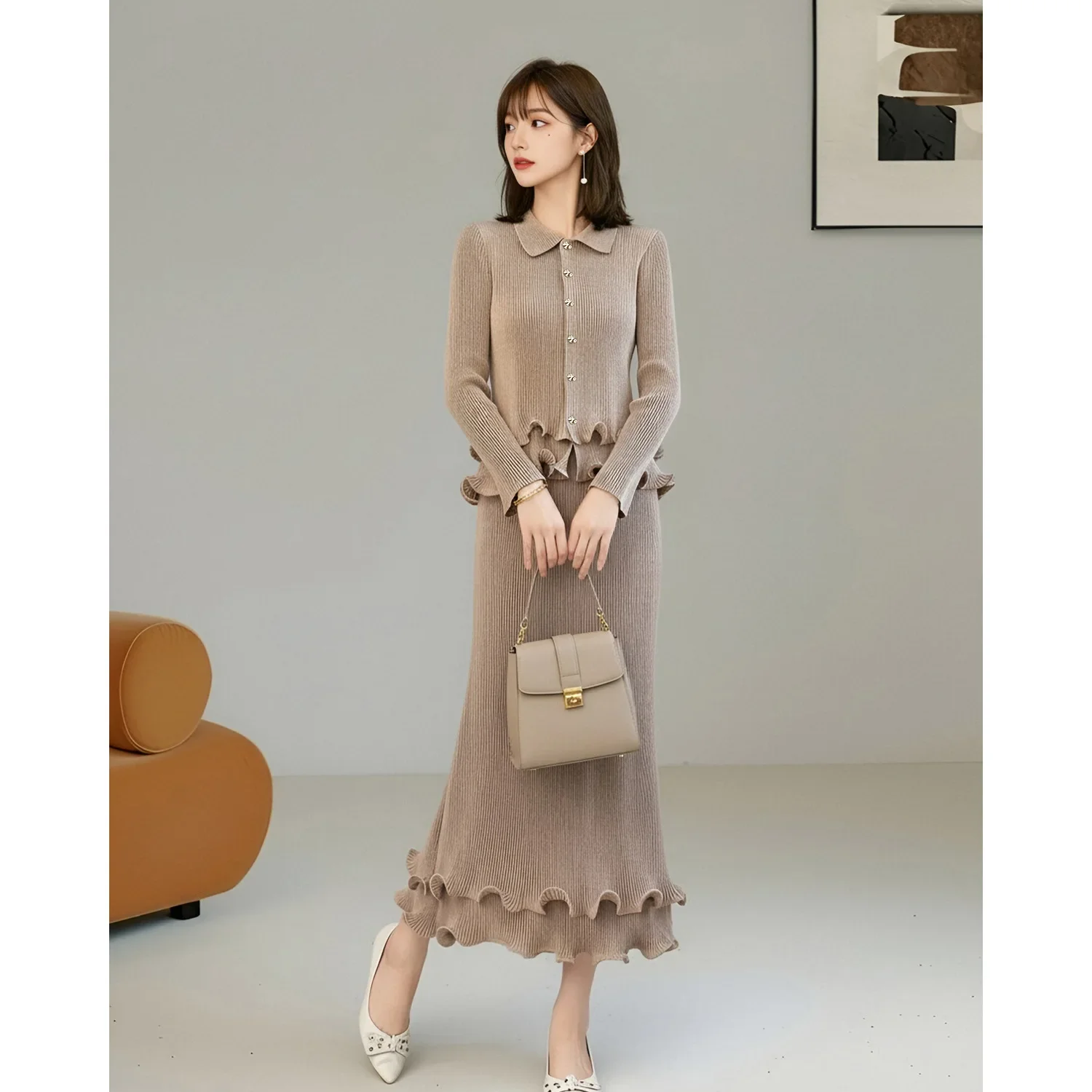 Women Miyake Pleated 2 Piece Set Lapel Ruffle Long Sleeve Top Mermaid Long Skirt Outfit Spring Autumn