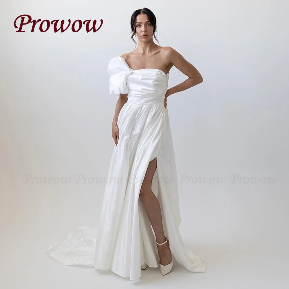 

Prowow Princess One Shoulder A Line Wedding Dress Pleats Taffeta Side High Split Customized Draped Wedding Party Gowns Noivas