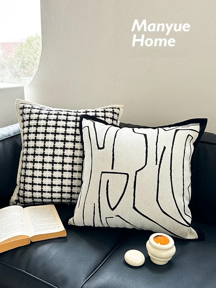 Small Fragrance Style Black White Plaid Pillowcase Living Room Backrest Cushion Cover without Core French Style Home Decor