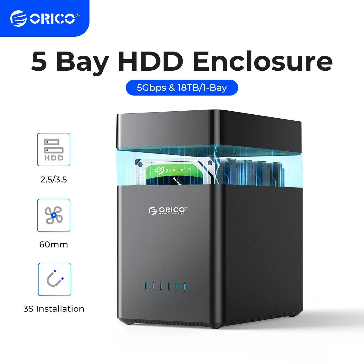 ORICO DS Series 5 Bay 3.5 inch USB Hard Drive Enclosure Magnetic-type SATA to USB3.0/Type-C HDD Case for Altcoins Mining