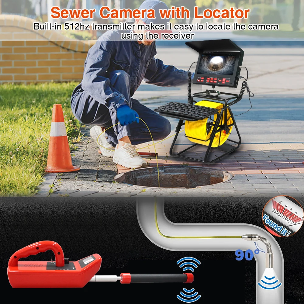 23mm Lens Industrial Endoscope 40M IP68 Waterproof Drain Pipe Sewer Inspection Camera System 10.1"LCD Camera Built-in DVR