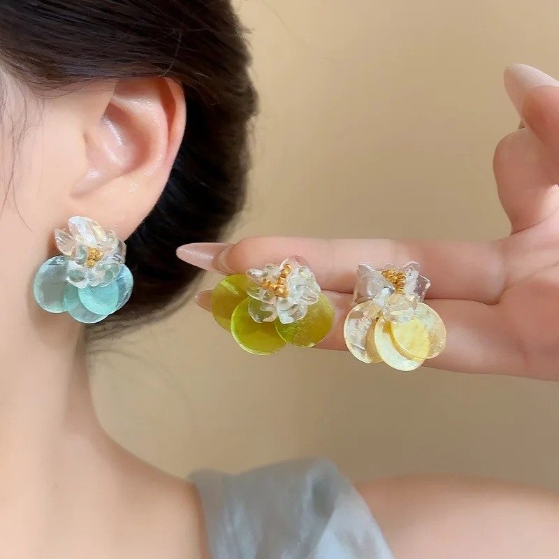 Colorful Petal Layered Stud Earrings Fresh Translucent Flower Statement Body Jewelry Accessories For Women Summer Wear