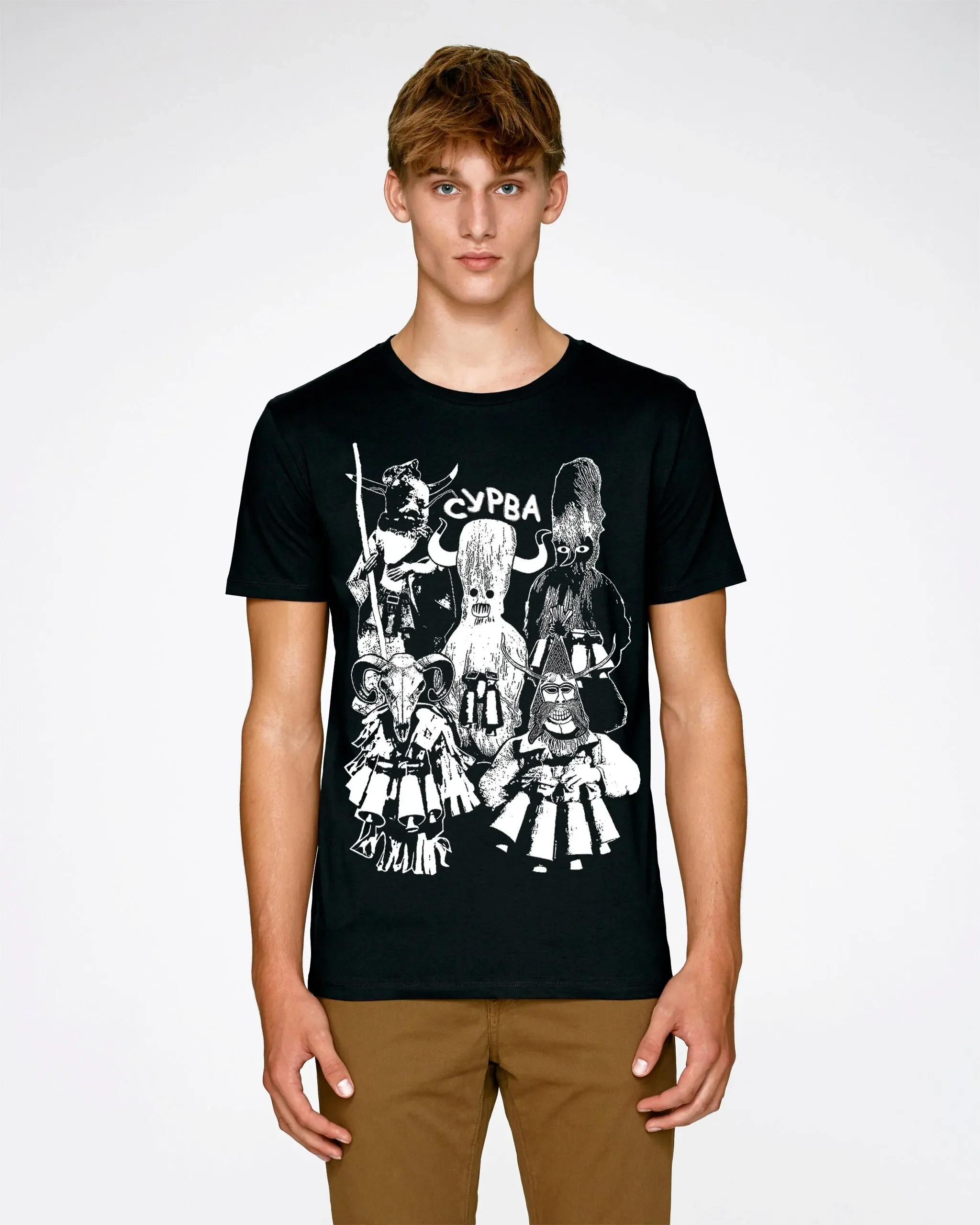 Surva kukeri T Shirt Chasing the evil spirits Pagan ritual Black mens tee graphic Organic cotton Men s