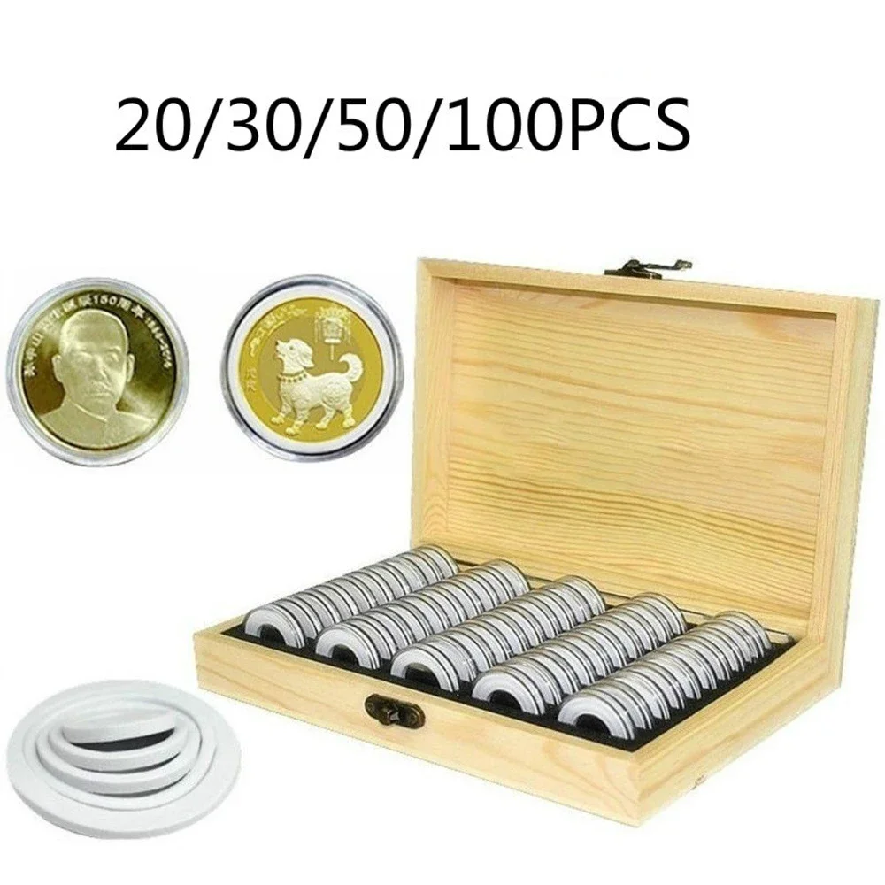 Pine Wood Coin Holder Coins Ring Wooden Storage Box 20/30/50/100pcs Coin Capsules Accommodate Collectible Commemorative Coin Box