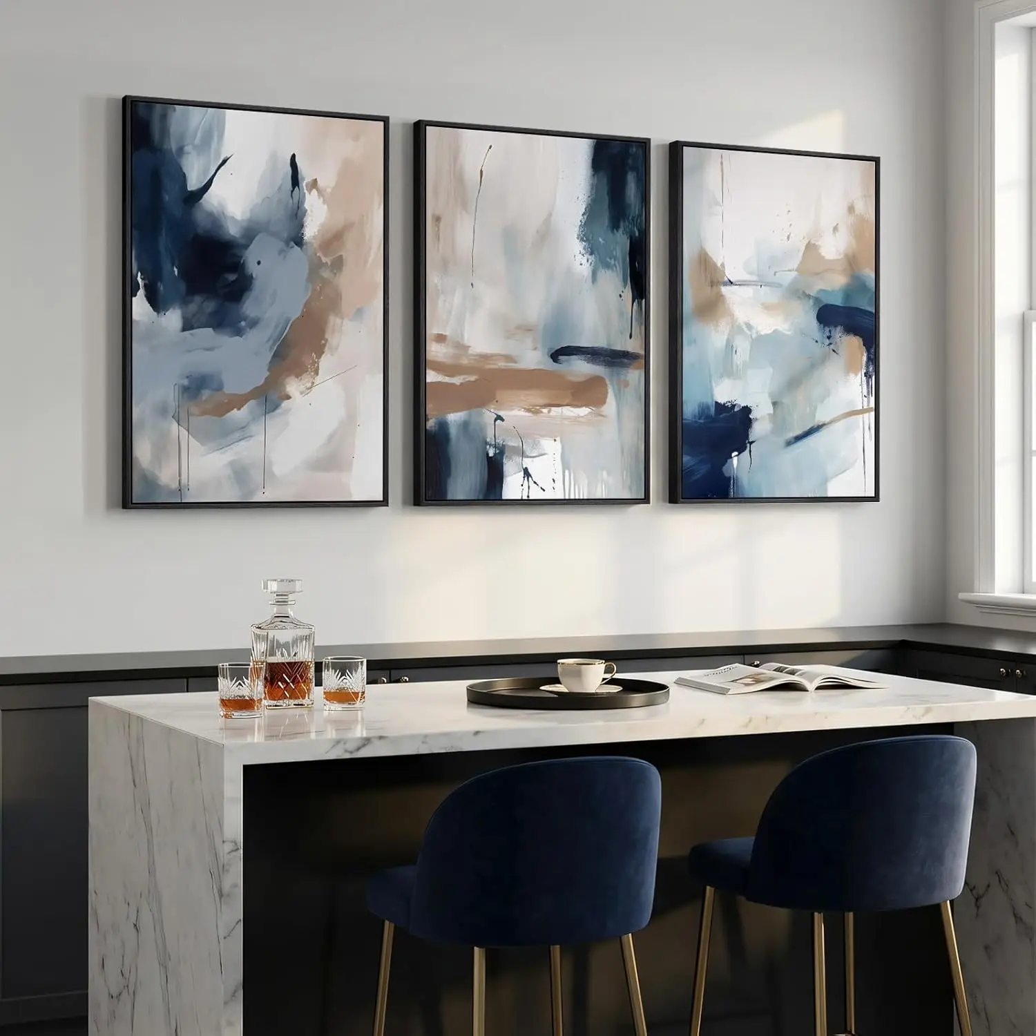 Set of 3 Framed Blue Neutral Abstract Canvas Wall Art Prints 24 X 36 Inch, Minimalist Color Blend Artwork for Living Room Bedroom Dining Room Hallway Indoor Home Wall Decor