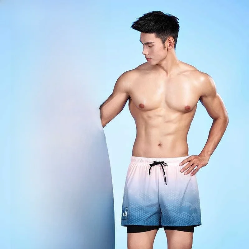 adult-men's-swimming-suit-goggles-cap-three-piece-set-quality-swimming-trunks-double-layer-flat-angle-autumn-men's-swimwear