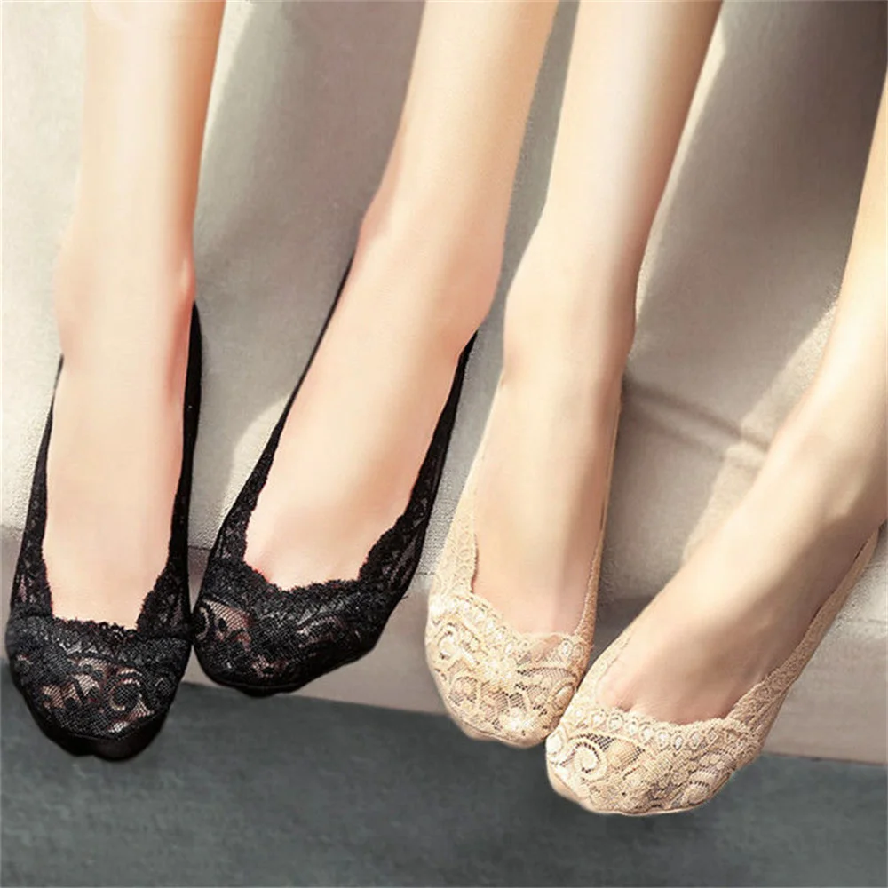 5 Pairs Boat Socks Women Cotton and Lace Invisible Short No-Show Ankle Foot Socks Summer Transparent Low Cut Calcetines