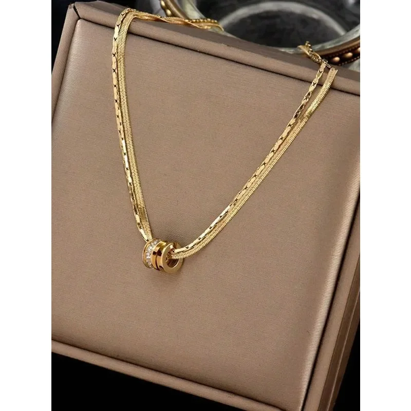 

1pc Stainless Steel Round Cubic Zirconia Inlaid Double Layer Pendant Necklace, Suitable For Daily WearM