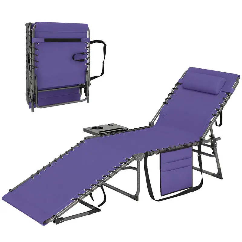 Folding Outdoor Chaise Lounge Chair Tanning Chair with 5-Level Adjustable Back, Side Table, Pillow, Pocket, Purple