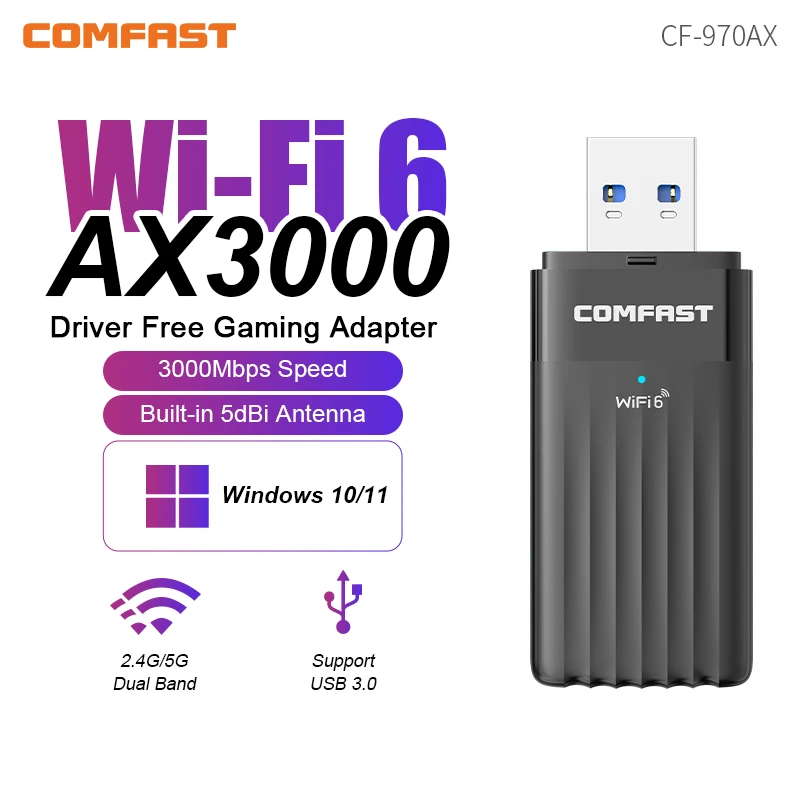 

COMFAST AX3000 WiFi 6 Adapter 3000Mbps 2.4G&5GHz Gaming Wireless Network Card USB 3.0 WiFi6 Dongle Driver Free for Win10/11 WPA3