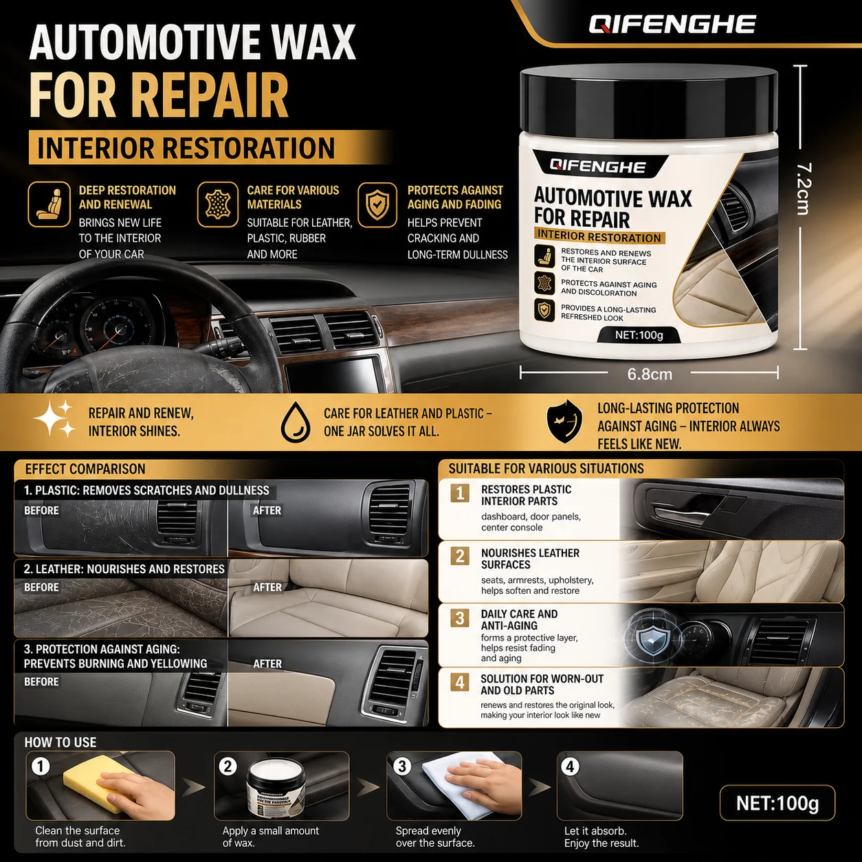 QIFENGHE 100g Car Interior Repair Wax Leather Plastic Restoration Cream Anti-Aging Prevent Cracking Dashboard Seat Care Wax