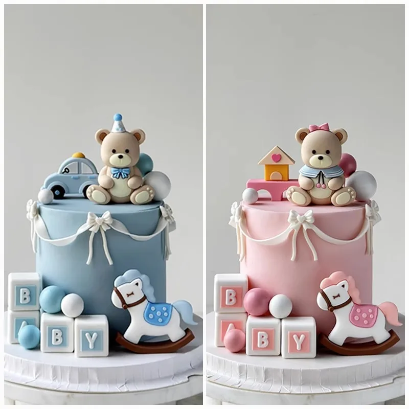 Baby Building Blocks Car Trojan Horse Blue Pink Bear Cake Toppers For Boy Girl Baby Shower Birthday Party Cake Decor Set view 3