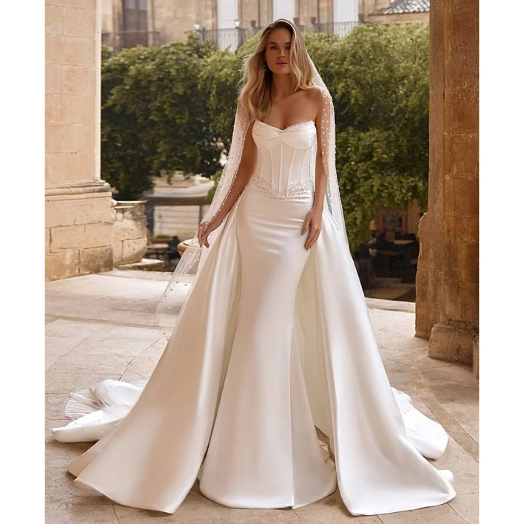 

Exquisite Mermaid Wedding Dresses Satin Detachable Train Beaded Bridal Gown Sweetheart Corset robe de mariée Customized