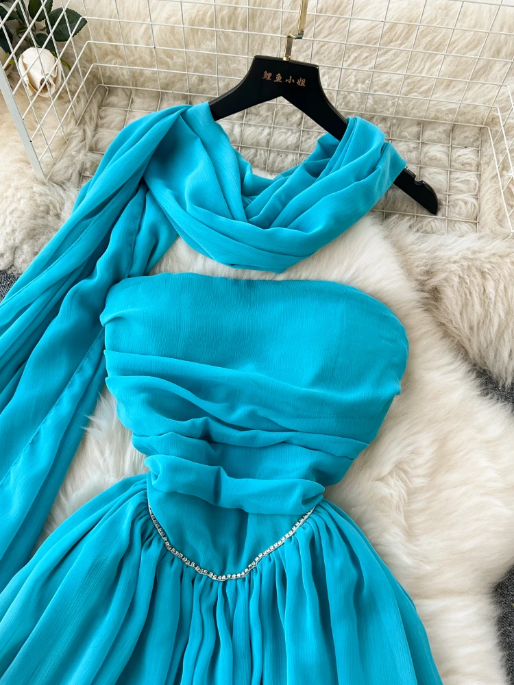 Women Chic Elegant Party Dresses Summer Sexy Off The Shoulder A-line Short Dress Vintage High Waist Chiffon Dress with Scarf