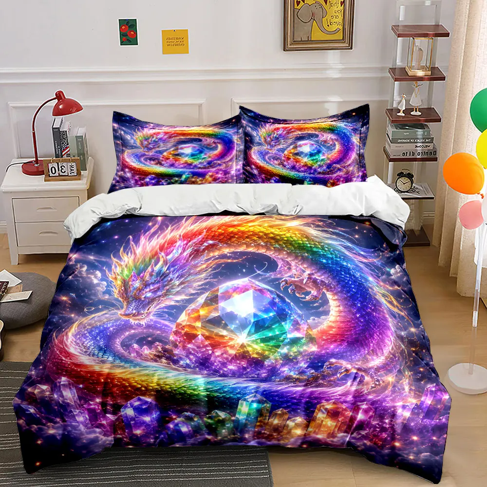 Rainbow Dragon Encircling Shining Gem Bedding Set for Kids Luxury Gift 3pcs Digital Print Comforter Set Soft Comfortable