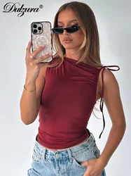 Dulzura Sleeveless Skew Collar Ruched Lace Up Bodycon Crop Top Sexy Elegant Casual Tank Party Club Streetwear Spring Summer