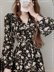 Chic Korean Fashion 2022 Women Temperament Office Lady Elegant Floral Print Retro Vintage Flower Long Dress Fenimine Vestidos