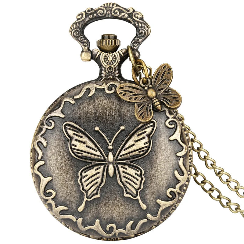 Vintage Embossed Butterfly Quartz Pocket Watch Retro Arabic Number Clock Butterfly Gadget Sweater Chain Gift for Women