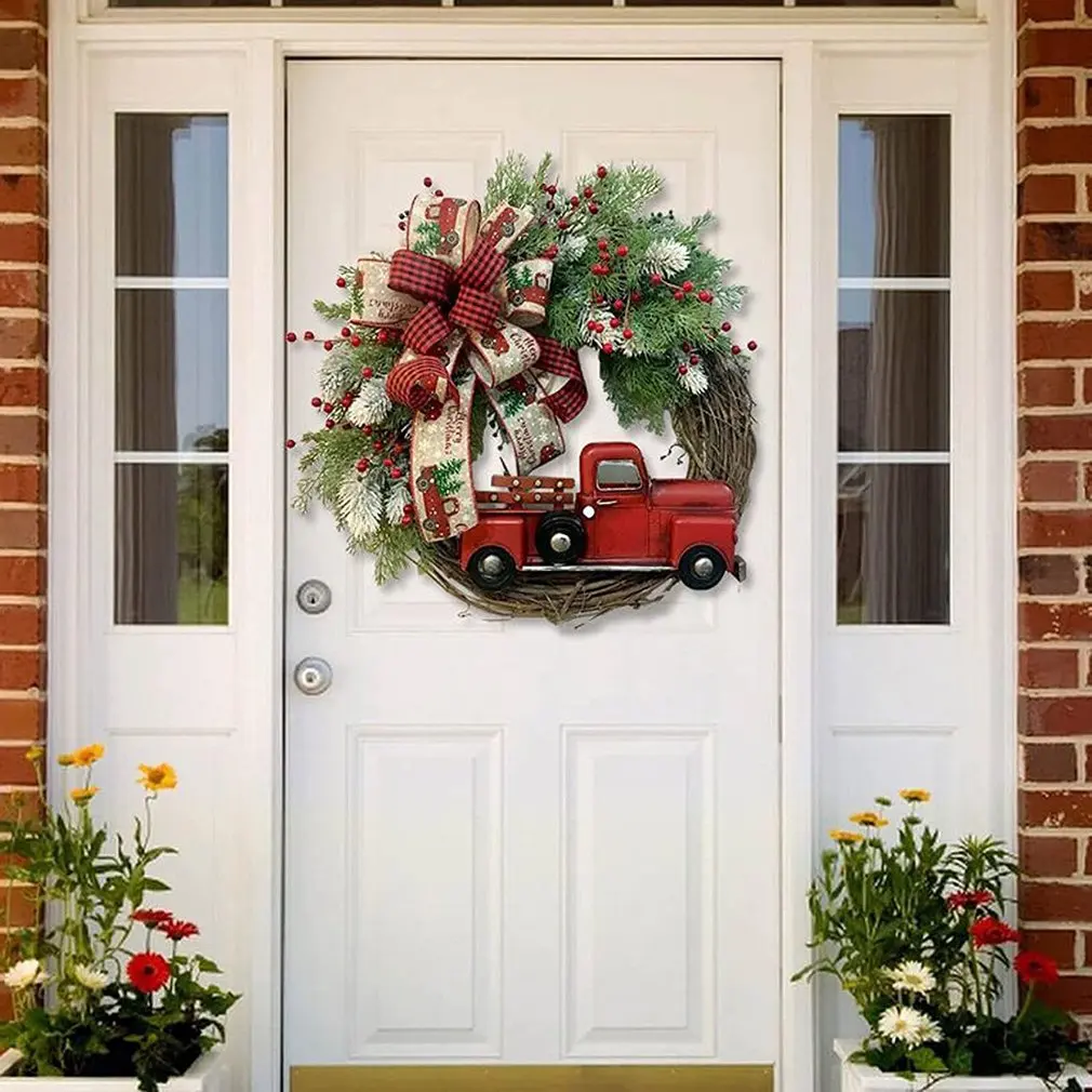 2024 Christmas Wreath Red Truck Front Door Wreath Vintage Farm Wreath With Pine Cones Fall Wreaths For Thanksgiving Xmas Decor
