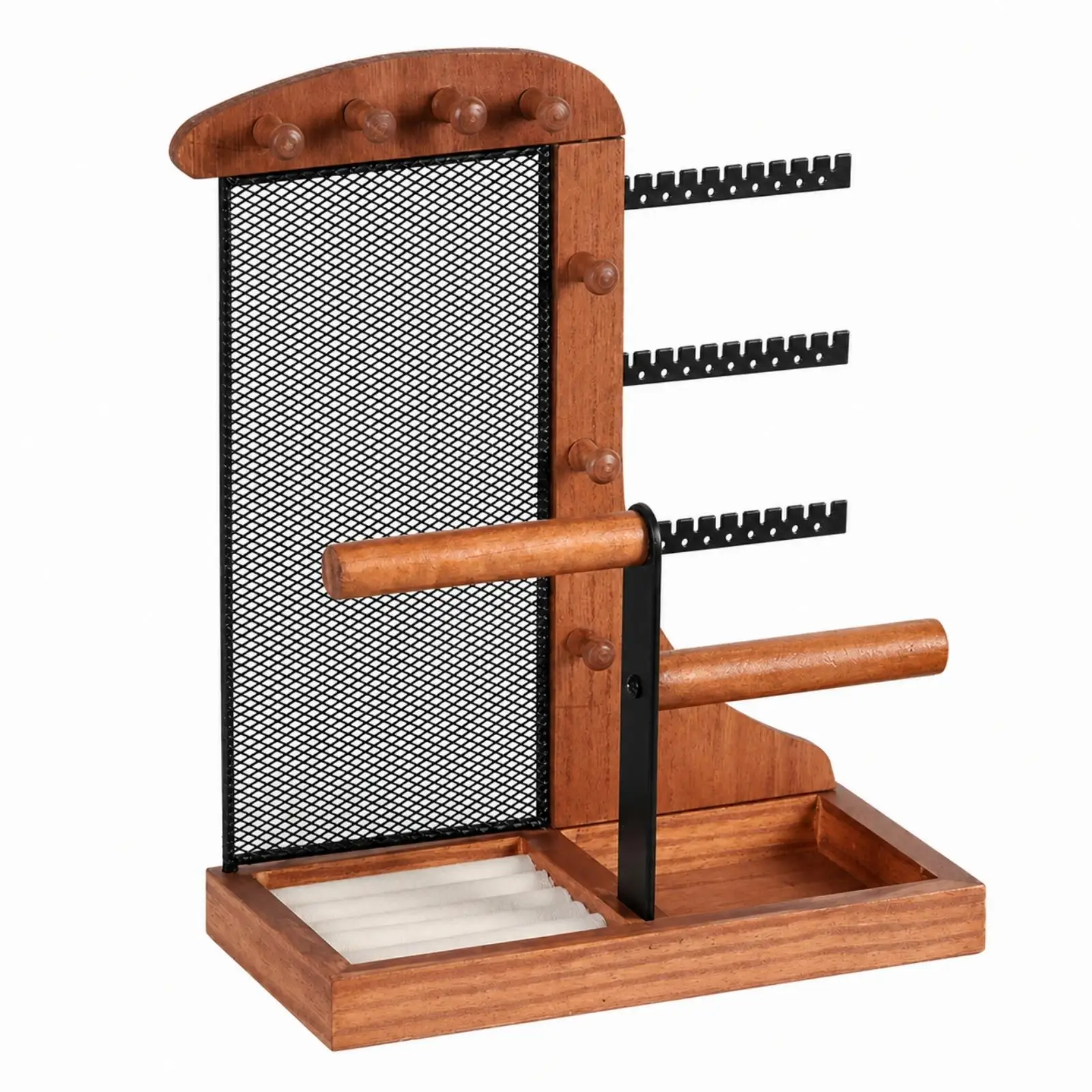 Wooden Jewelry Display Rack Wood-Grain Finish Jewelry Organizer with Mesh Earring Panel Bangle Storage Rack Multifunctional