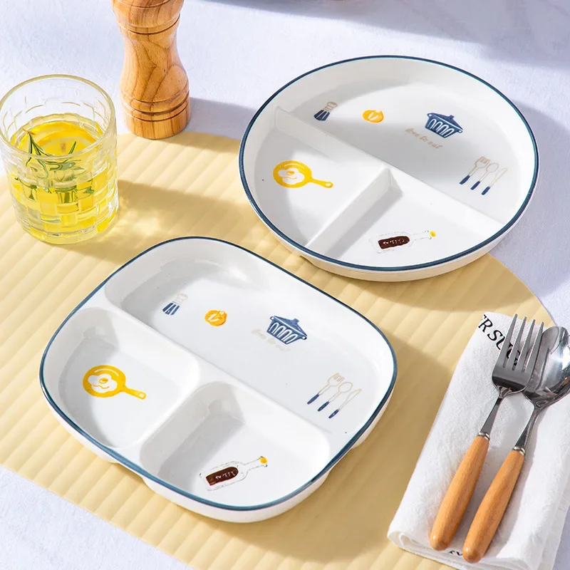 Breakfast Western Noodle Plate Household Three Grid Quantitative Weight Loss Plate Children's 3-Grid Ceramic Meals Plates