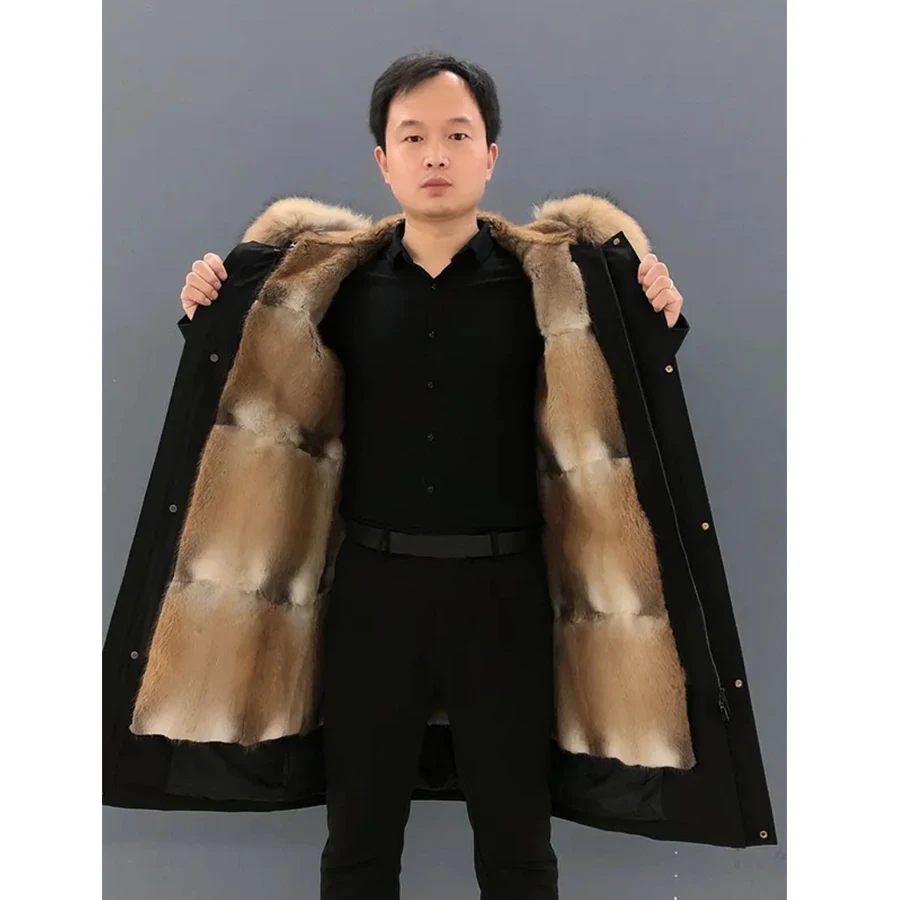 

Natural Fur Coat For Men Winter Parka Real Muskrat Fur Liner Jacket New Long Warm Hooded Parkas Raccoon Fur Collar