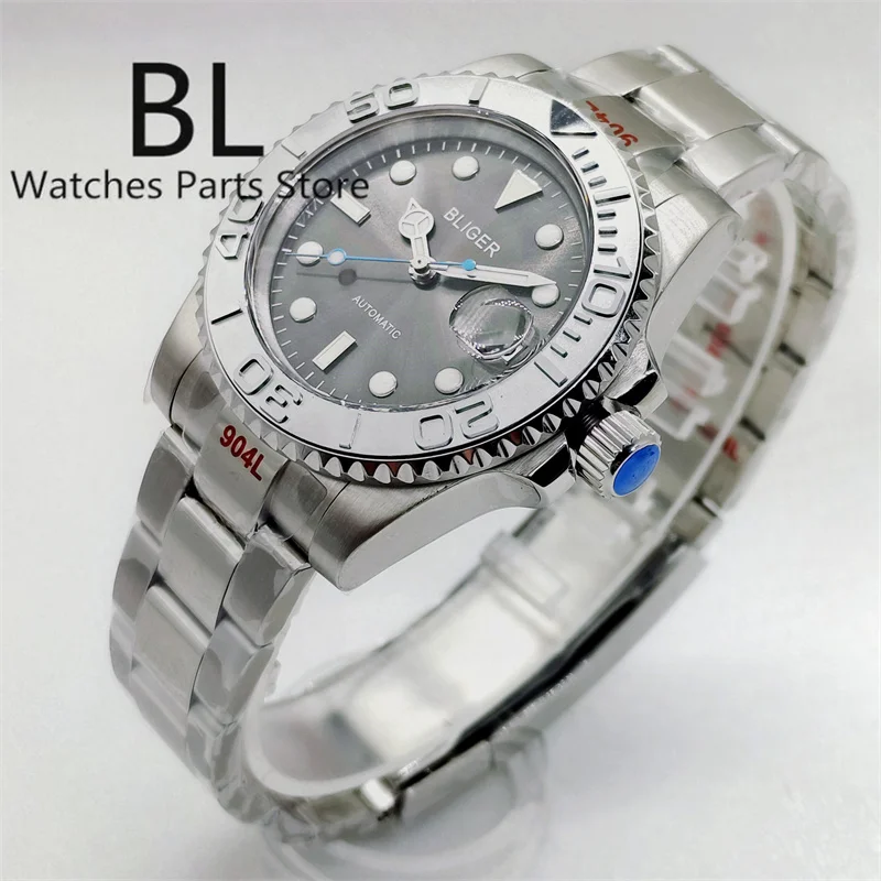 BLIGER 40mm NH35 Watch For Men Silver Insert Sunburst Gray Dial Blue Second Hand Sapphire Glass Steel Bracelet Waterproof Date