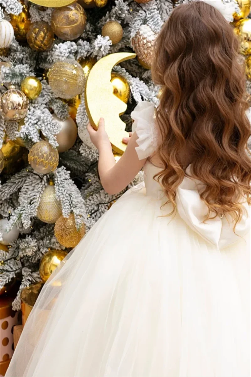 Elegante abito da ragazza di fiori bianco senza maniche soffice tulle pizzo principessa ballo spettacolo di bellezza prima comunione abiti di compleanno per bambini