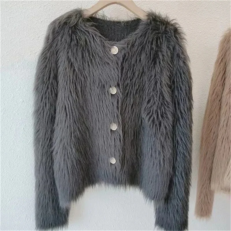 Imitation Mink Fleece Knitted Cardigan Sweater Coat Women\'s Autumn and Winter Wear Thickened Sweater 2024 New Short Popular Soft