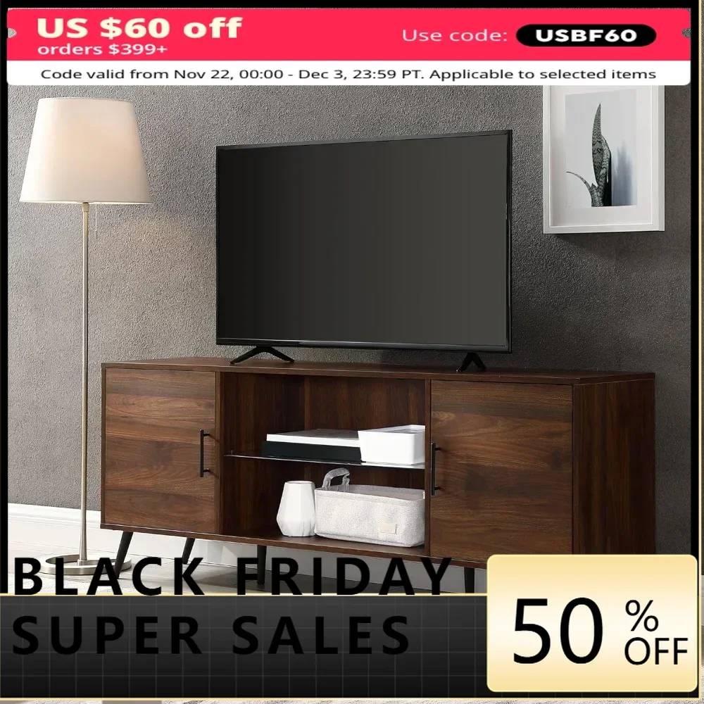 60 inch TV cabinet with modern glass frame suitable for TV furniture below 65 inches Walnut wood living room and home use