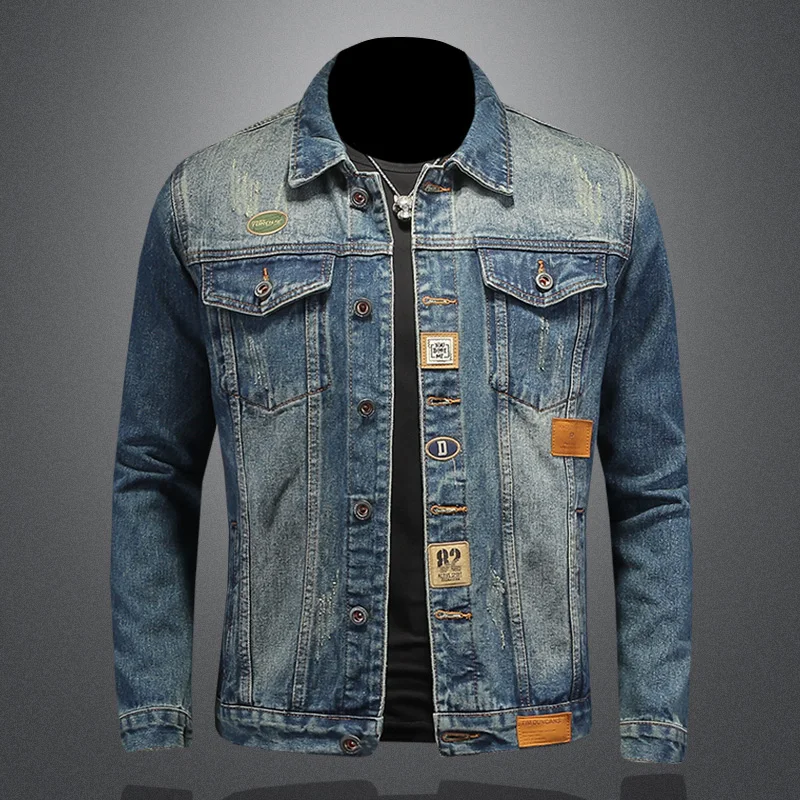

2025 Spring Trendy Washed Motorcycle Denim Jacket Men's High-end Casual Social Streetwear Denim Coats Retro Men's Clothing