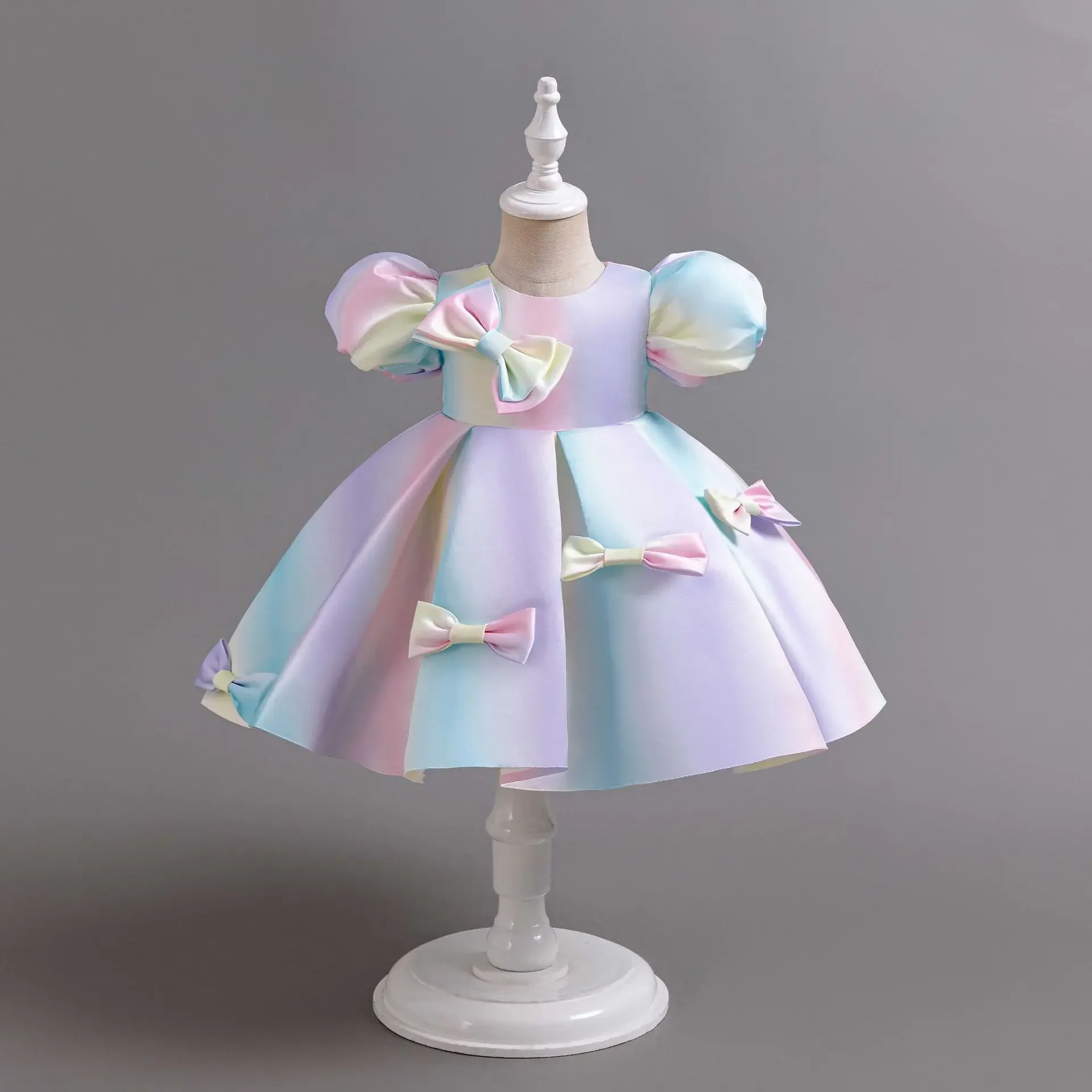 Gradient Kids Dresses for Party Wedding Purple Bowknot Kids Princess Formal Ball Gown Pleat Stain Child Frocks 1 2 4 6T