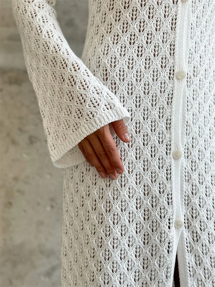 Tossy Elegant Knitwear Hollow Out Long Dress Cardigan For Women V-Neck Patchwork See-Through Loose Beach Dress Knit Female Dress