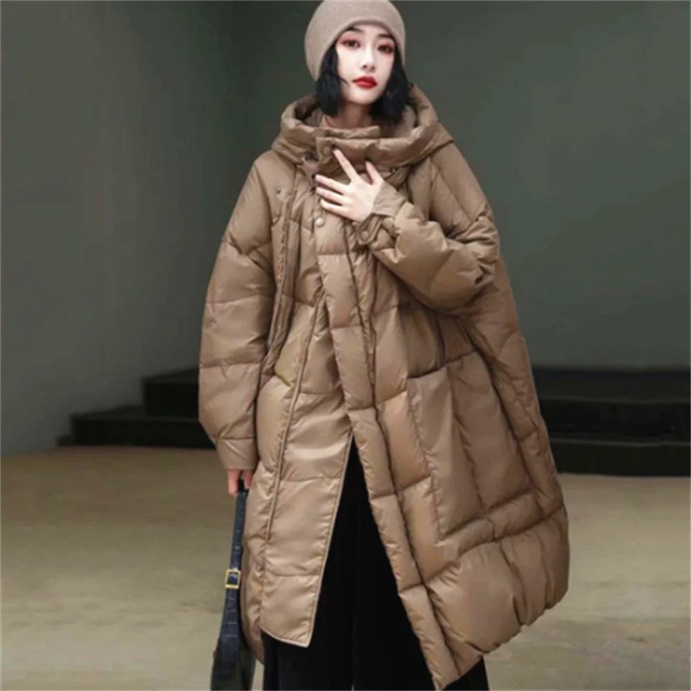 

White duck down down jacket women's long loose overcoat hooded