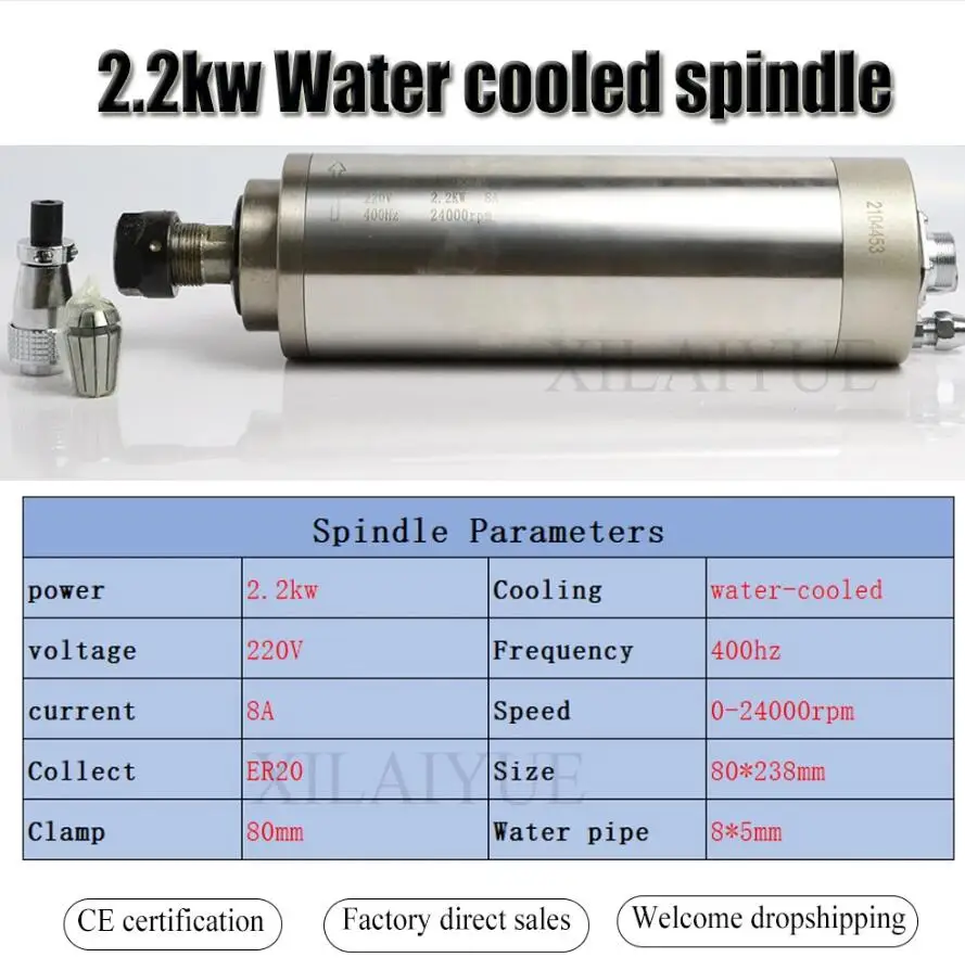 2.2KW Water Cooled Spindle Motor with Four Bearings 7002*2+7005*2 High Speed ER20 Collet for CNC Engraving Milling Machine.