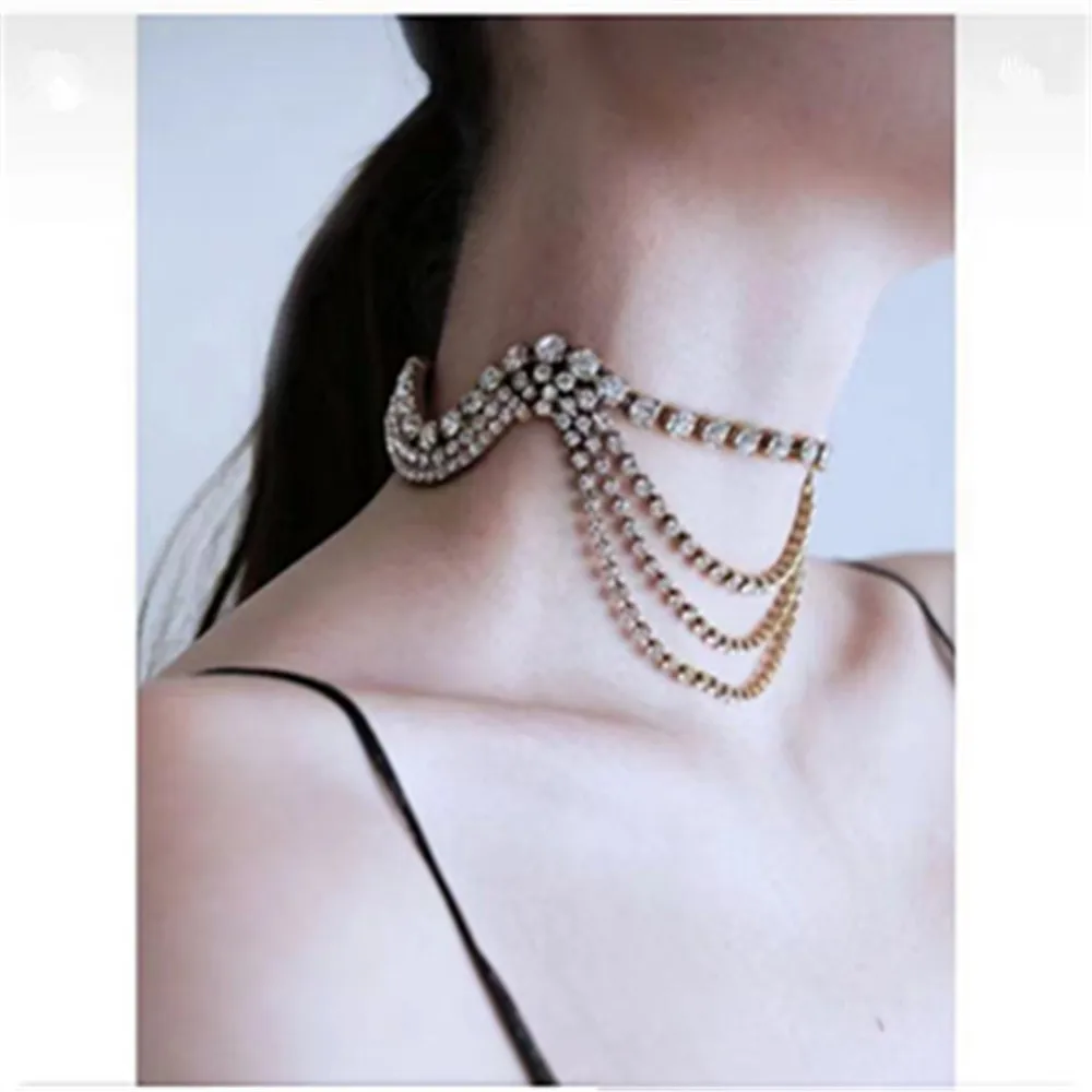 Creative Crystal Multi-layer Wave Choker Necklace Wedding Jewelry for Women Rhinestone Tassel Arched Collar Necklace Accessories