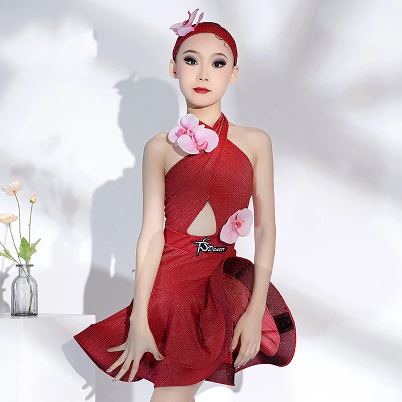 Robe de danse latine rouge d'été pour filles, Costume de spectacle, ensembles d'arêtes de poisson à fleurs, Cha Cha Rumba Samba, robe de concours de danse BL14653