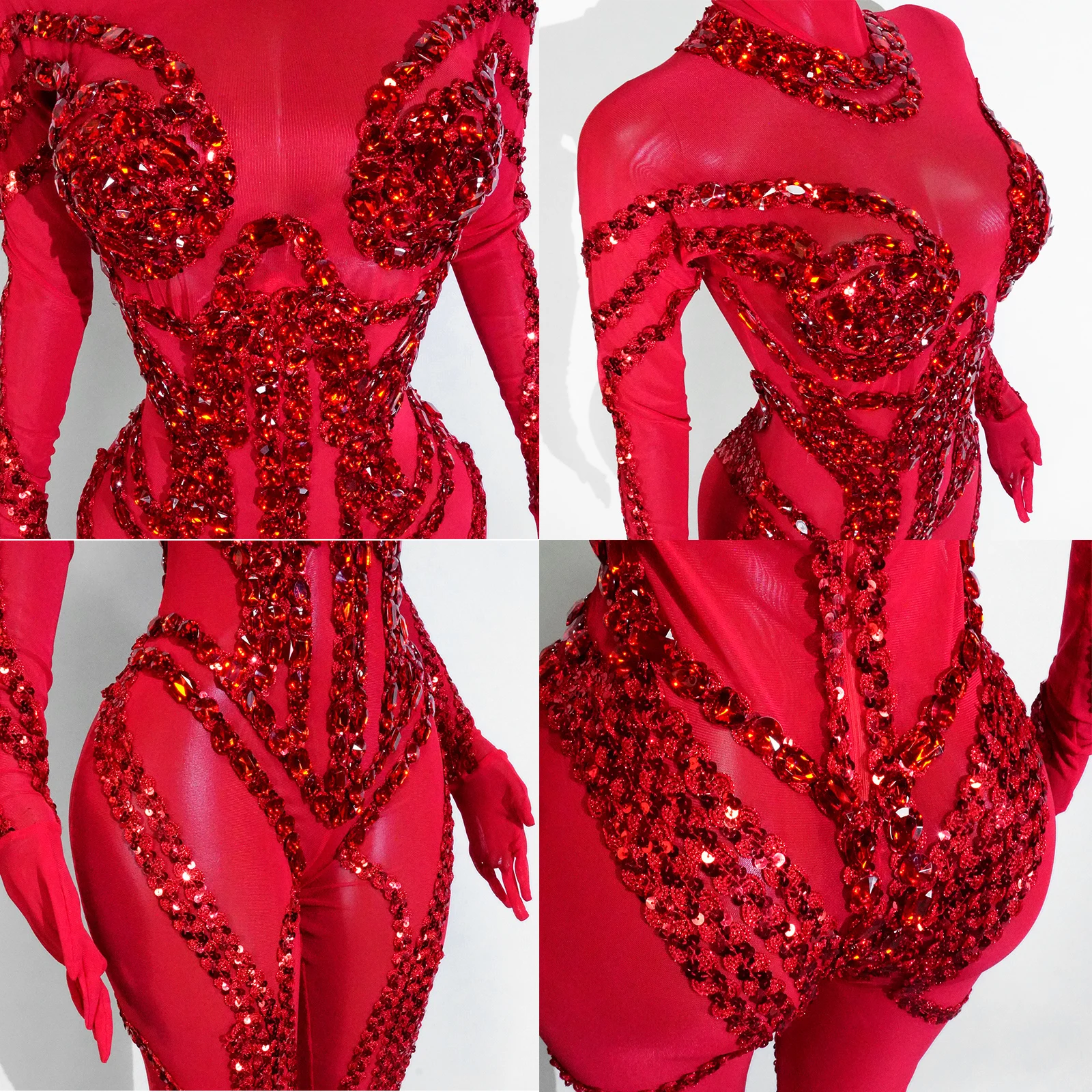 Showgirl เครื่องแต่งกายดูผ่าน Glitter สีแดง Rhinestone Jumpsuits Sequins Stage Club สวม Dance Performance Party Gogo ชุดลาก