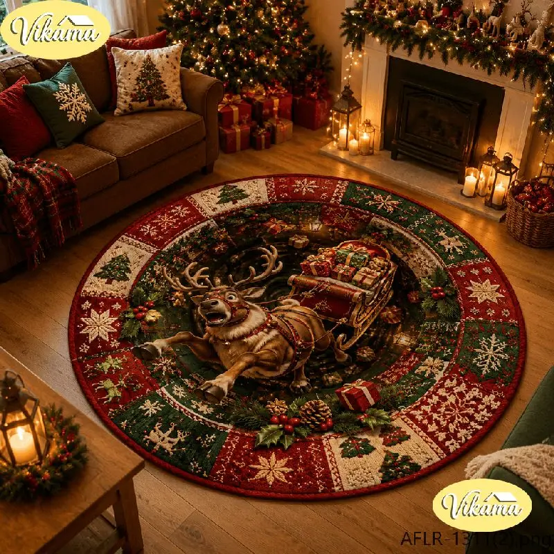 VIKAMA Christmas Round Rug Reindeer Tree Gifts Lantern Snow Area Rug Living Room Holiday Home Decor Aesthetic Art Large Premium