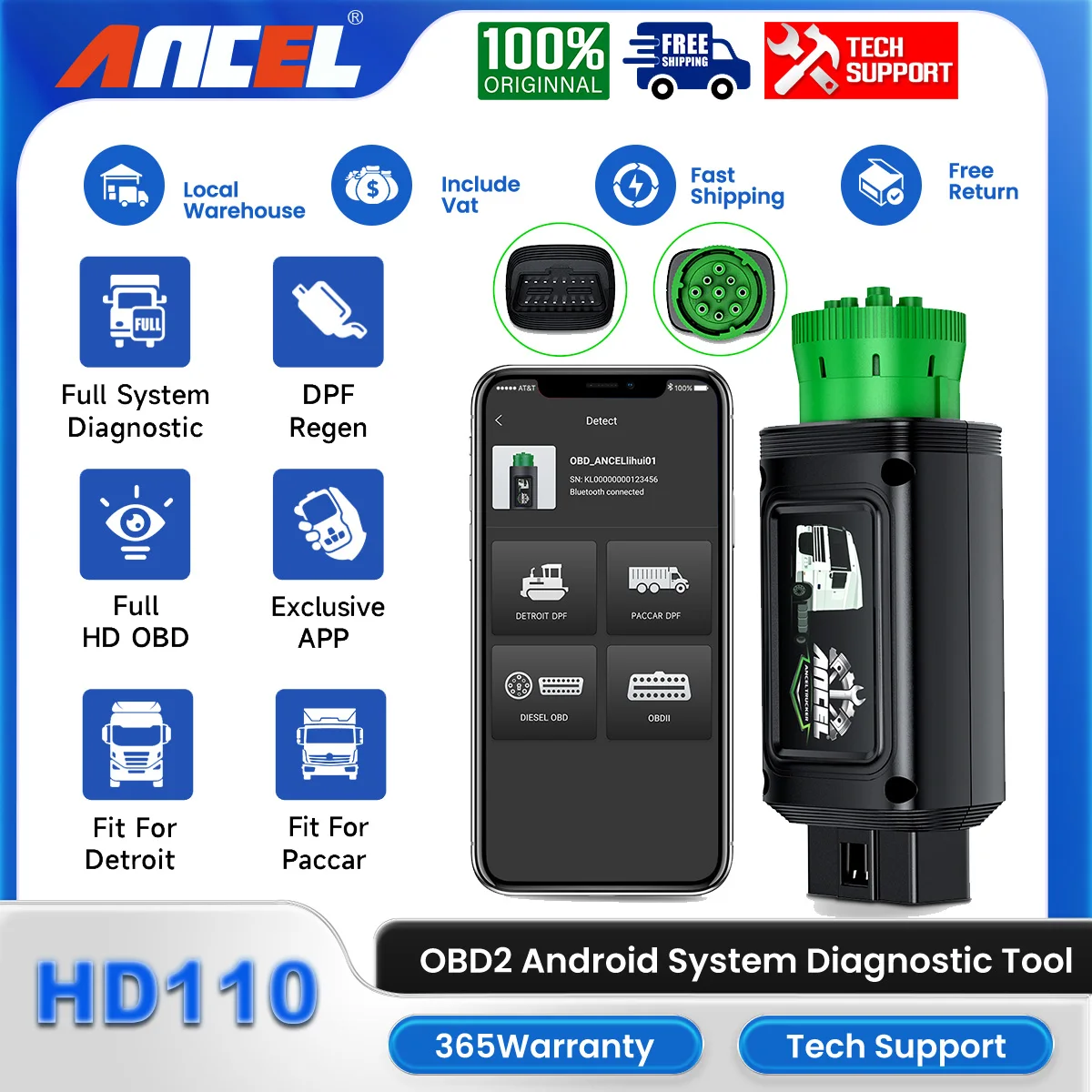 ANCEL HD110 Car Diagnostic Tool 9/16 Pin Bluetooth DPF Regen Diesel Heavy Duty Truck OBD2 Scanner All System for Detroit Paccar