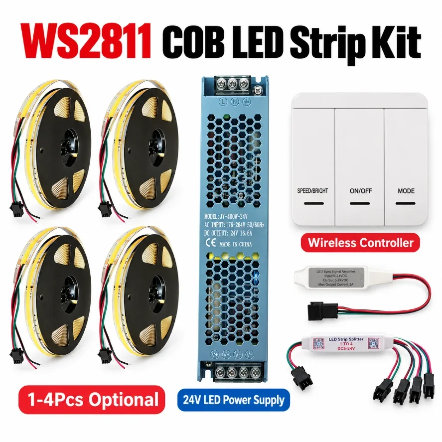5/10m WS2811 IC COB LED Strip Kit DC24V Addressable Flowing Water Light with Wireless Controller Power Supply Splitter Amplifier