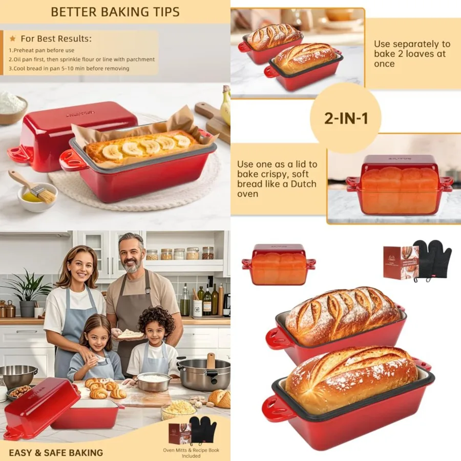 

9x5 Enameled Cast Iron Loaf Pan with Lid - 2 in 1 Homemade Sourdough Bread Baking Pan