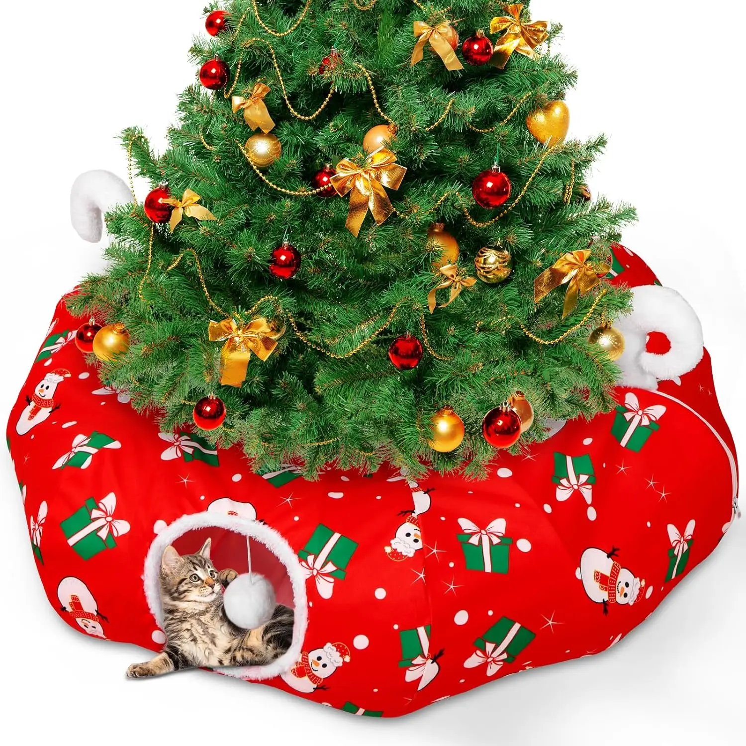 

Cat Tunnel Christmas Tree Skirt, 3FT Round Donut with Plush Ball, Red Festive Decor for Small Pets