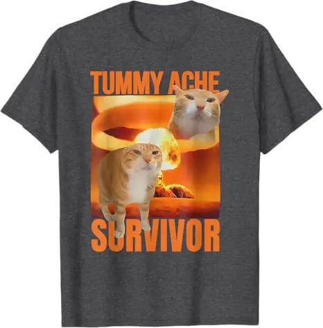 Tummy Ache Survivor Cat Meme Funny Saying Tee Cats Animals T-Shirt Humorous Sarcastic Y2k Joke Graphic Outfit Daddy Novelty Gift