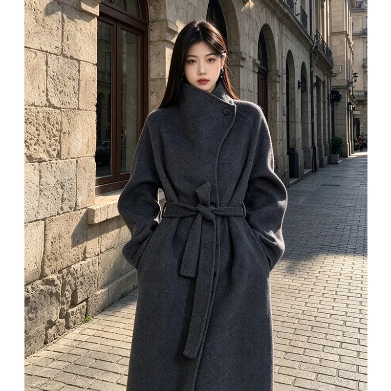 Stand Collar Long Length Coat Relaxed Fit Casual with Three Dimensional Decoration Thick Double Faced Construction Women Coat