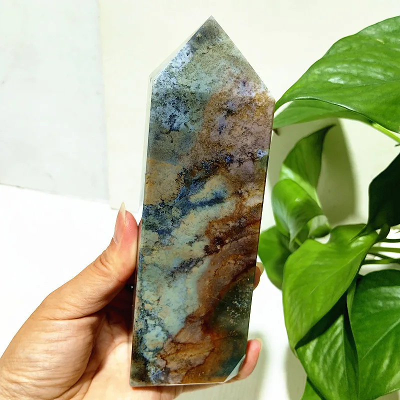 Natural Stones Moss Agate Crystal Tower Wand Point Reiki Wicca Chakra Spiritual Healing Crystals Room Decoration