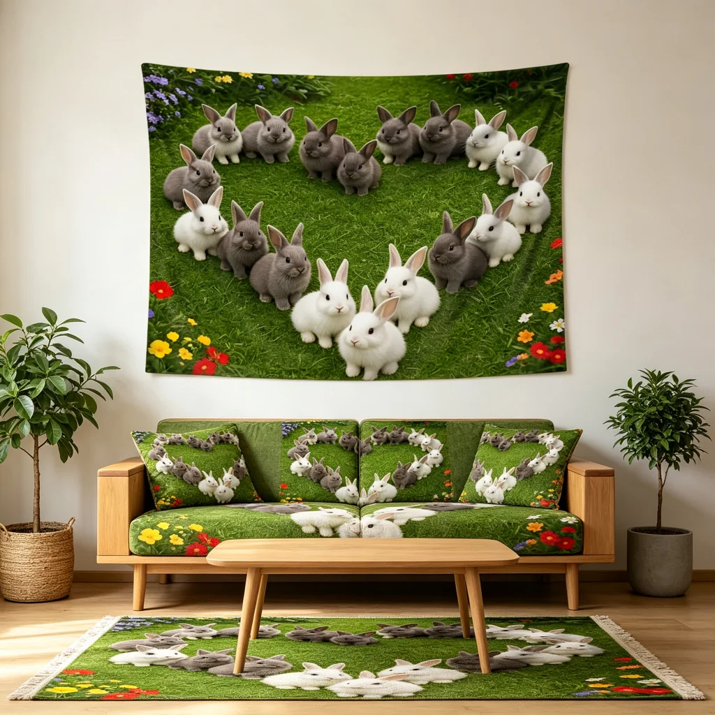 1PC Bunnies Heart Shape Grass Field Print Backdrop Banner, Bedroom Living Room Photo Background, Polyester, Home Decor, Wall Art