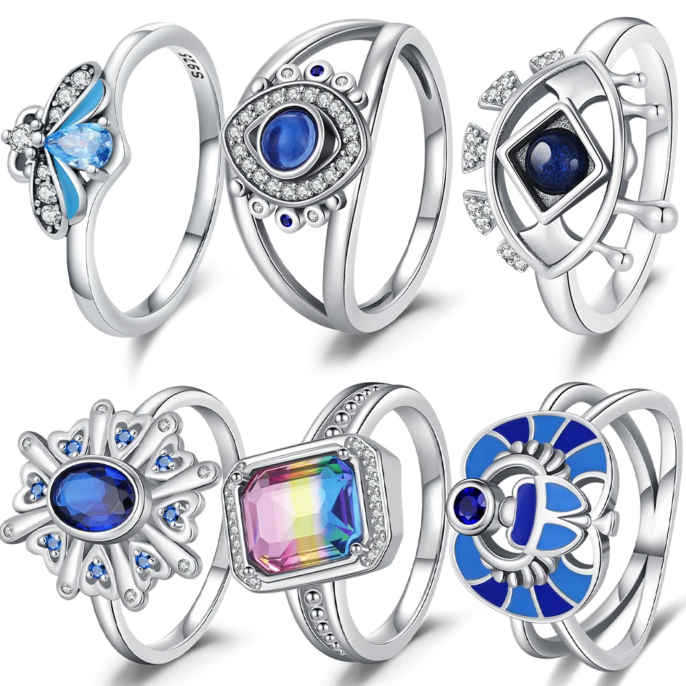 925 Sterling Silver Ring Blue & Rainbow Gemstone Ring Fashion Butterfly Style For Lady Friends Jewelry Accessories Party Gifts