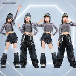 Hip Hop Girls K-pop Sequin Crop Top Street Dance Pu Leather Pants Kids Streetwear Shiny Shorts Child Jazz Costumes Clothes Sets