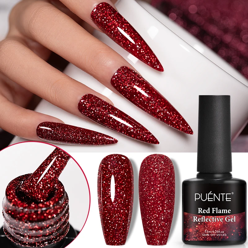 PUENTE 7.5ML Red Flame Reflective Gel Nail Polish Flash Sparkling Red Glitter Nail Gel Soak Off UV Semi-permanent Nail Varnish